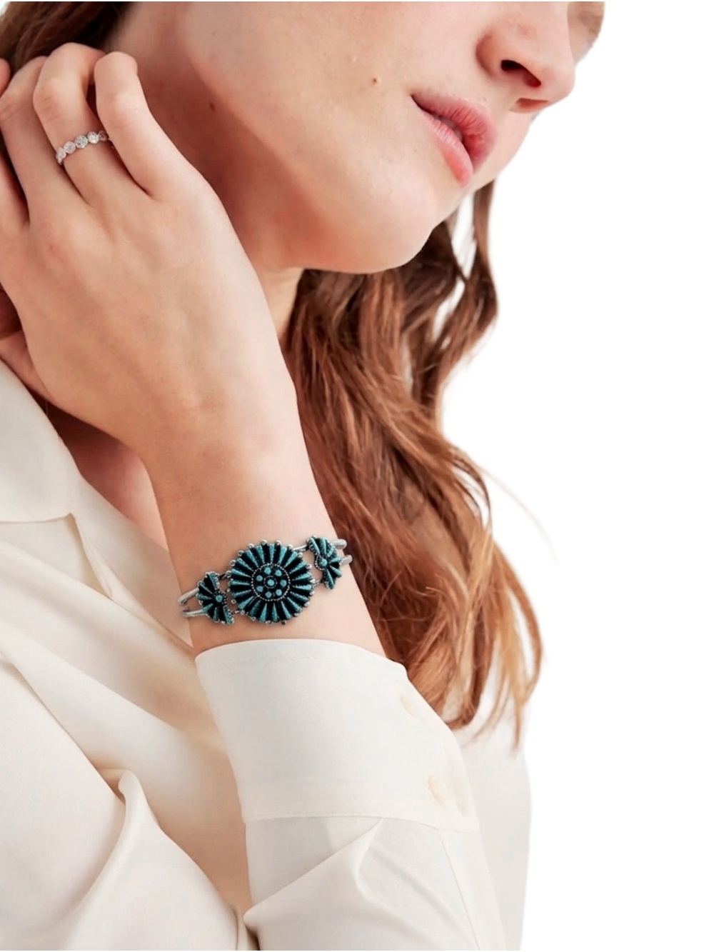 Vintage Silver Zuni Needlepoint Turquoise Cluster Cuff — Artist Shirley Lahi